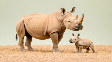 Fototapeta premium Adult and baby rhino figurines on sandy surface, studio shot, conservation awareness