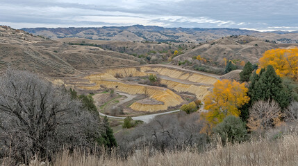 Obraz premium Autumn landscape Sand quarry in valley, hills, yellow trees. Industrial site, environmental impact, nature photography