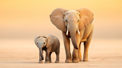 African elephant mother and calf in golden savanna sunrise; wildlife conservation