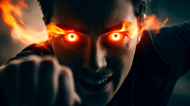 Fire in the eyes. Bright and intense eyes full of passion and determination spark with fire, creating an atmosphere of strength and inner flame.