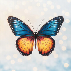 Obraz premium stunning butterfly with vibrant blue and orange wings, showcasing intricate patterns against soft, blurred background filled with gentle bokeh lights. This captures beauty and elegance of nature
