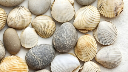 Seashells and stones on beach background, summer vacation relaxation