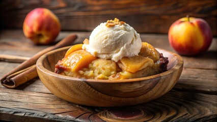 A slice of warm peach cobbler with a generous helping of creamy vanilla ice cream on top
