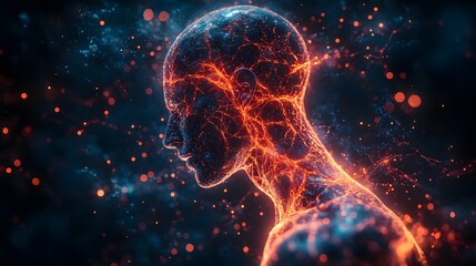 Human nervous system visualized with AI enhancements and glowing data flows illustration