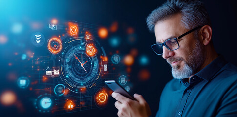 businessman is using mobile phone while interacting with digital technology, showcasing futuristic interface with various icons and data visualizations. scene conveys sense of innovation