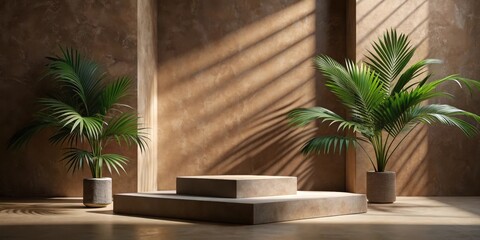 Fototapeta premium Minimalistic premium podium with natural stone slabs and palm-leaf shadows on brown wall, contemporary style, natural textures