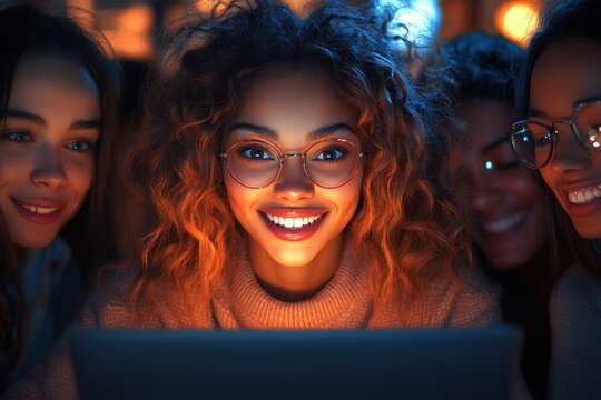 Diverse group of students collaborating on homework using laptop in university common room surrounded by friends studying together