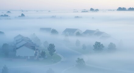 Houses Emerging From Dense Fog in a Suburban Neighborhood Scene