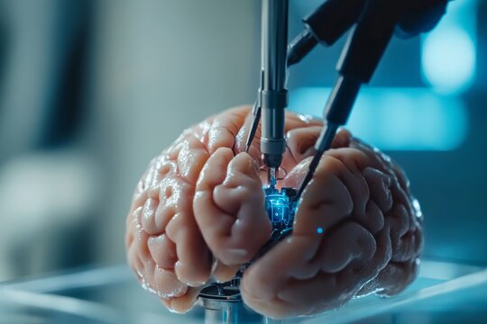 Human Brain with Robotic Arm Performing Intricate Surgical Procedure in Laboratory Setting
