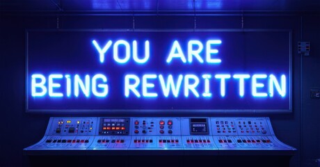 Obraz premium Neon you are being rewritten sign flashing erratically above flickering control panel deep navy and bright silver symbolizing existential manipulation