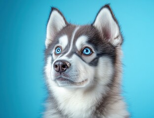 Fototapeta premium hyperrealistic husky mix puppy portrait with blue eyes in studio lighting