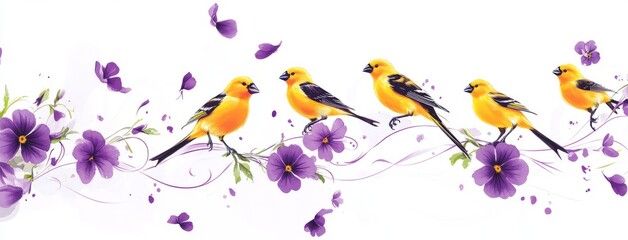  goldfinches among swirling violet violets on white