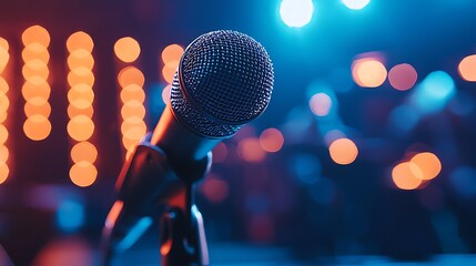 Close-up of microphone on stage with blurred background lights and musicians.