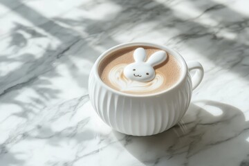 Cute Rabbit Latte Art in Coffee Cup on Marble Surface with Natural Light and Shadows