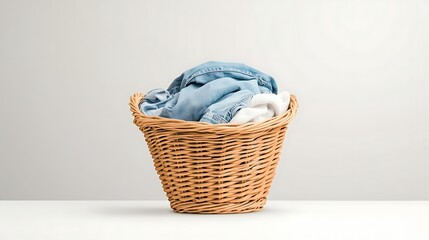 Laundry basket with denim, clothes, and white background.