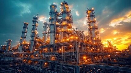 Majestic Industrial Sunset: A refinery's silhouette against a vibrant sky, showcasing the intricate network of pipelines and towering structures.