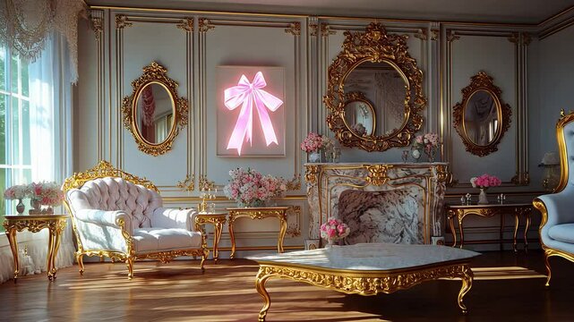 Luxurious Pink and Gold Rococo Living Room Interior

