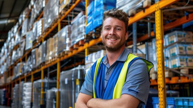 A professional full-body photo of a warehouse staff member starring at the camera smiling. Australian male wearing a blue safety vest