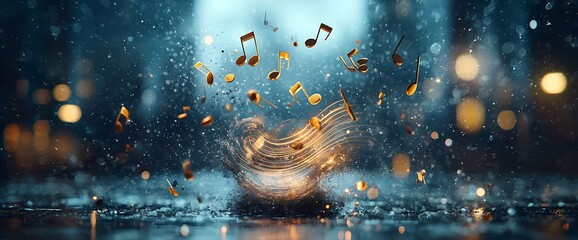 Golden musical notes falling in a wet environment