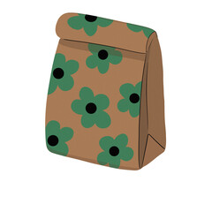 Illustration d'emballages, pochette ou sacs de course ou shopping en papier kraft marron avec motif floral bleu, écologiques et durables, détourés et isolés sur fond transparent