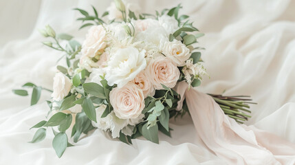 Obraz premium Pastel rose and peony bouquet on soft white draped fabric