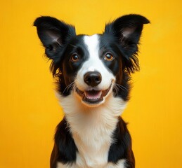 Black and White Border Collie Portrait on Yellow Background Studio Shot