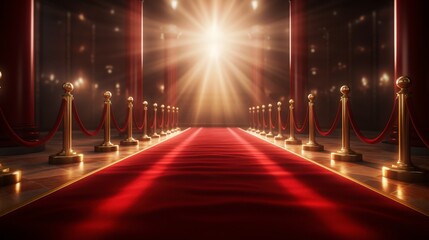 A red carpet with gold posts and a spotlight shining on it