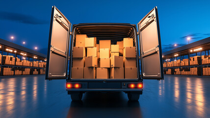 truck with open back door reveals large number of cardboard boxes stacked inside, illuminated by soft glow of lights warehouse setting. scene conveys sense of readiness and organization