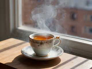 Fototapeta premium Steaming Tea Cup by Window: A delicate teacup, filled with fragrant tea, releases wisps of steam against the backdrop of a sunlit window, creating a serene and inviting atmosphere.