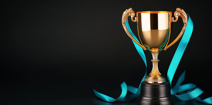 golden trophy with elegant handles sits on dark background, adorned with vibrant blue ribbon, symbolizing achievement and success. This evokes sense of celebration and accomplishment