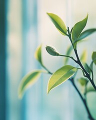 Obraz premium Budding Plant Against a Window Delicate Green Leaves in Soft Light