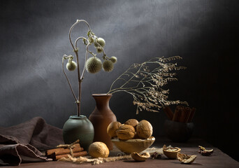 Modern still life with dry branches and walnuts on a dark background