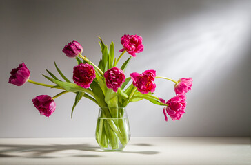 A bouquet of pink tulips in a transparent vase on a light background