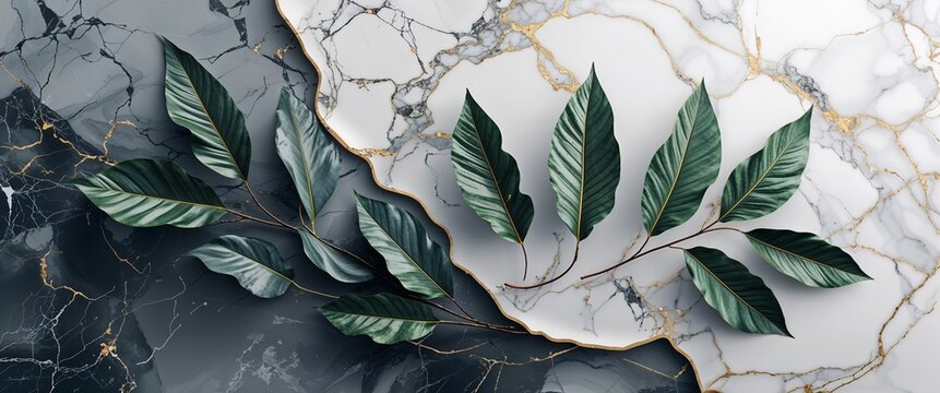 Elegant leaves resting on marble like abstract texture