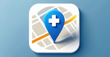 Fototapeta premium Professional white and deep blue hospital and clinic locator app icon with pin on medical map realistic detailed glossy style round square shape modern app icon bold vibrant