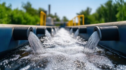Wastewater treatment Concept, Advanced Filtration Systems for Wastewater Treatment in Industrial Plant with Flowing Water in Background