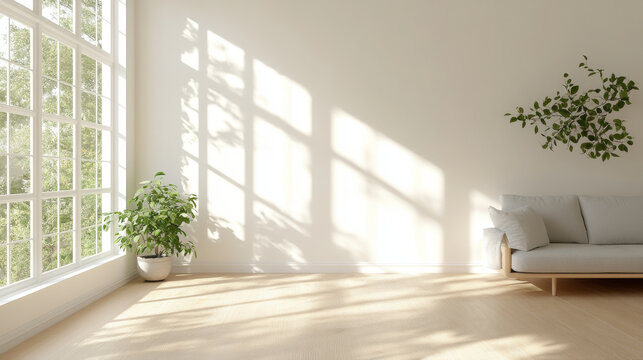 bright and airy living room featuring large window, soft sofa, and potted plant, creating serene atmosphere with natural light and shadows