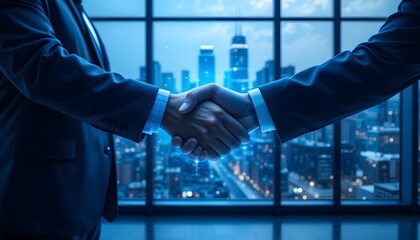 Business Handshake with Glowing Effect Over Cityscape in Modern Office