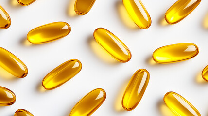 Softgels filled with golden oil are scattered across clean white surface, creating visually appealing pattern. vibrant yellow color adds sense of warmth and health