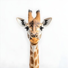 Obraz premium A tall, well-proportioned giraffe with a spotted yellowish-brown coat and long neck stands in a realistic side-view portrait, full body on a white background, with small ossicones, dark eyes, 
