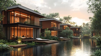 Obraz premium Serene Waterfront Villas Surrounded by Lush Greenery at Sunset with Calm Water Reflection