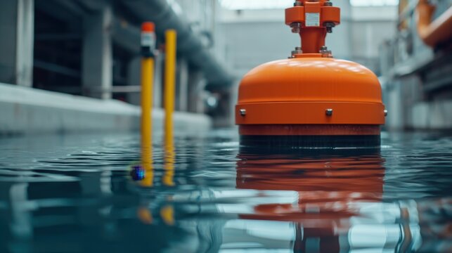 Wastewater treatment Concept, Reflective Water Surface in Sedimentation Tank at Wastewater Treatment Facility with Safety Devices