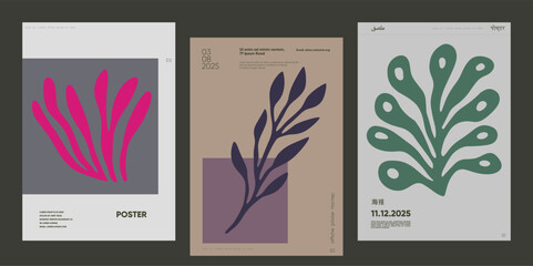 Set of modern posters with abstract leaf forms and clean typography. Perfect for minimalist art covers, graphic exhibitions, and stylish interior decoration.