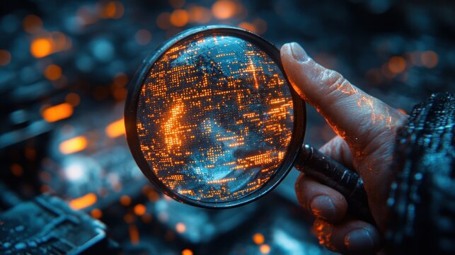 Magnifying glass inspecting glowing code in futuristic cyberpunk style representing software analysis, debugging, and technology
