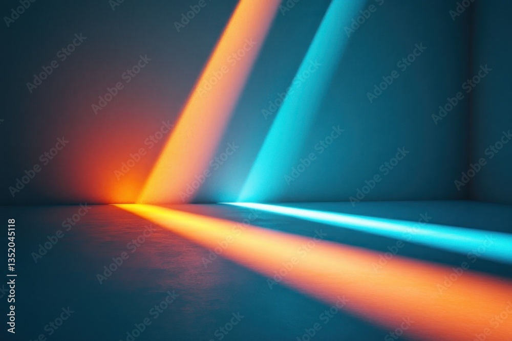 Poster geometric light composition with blue and orange beams in dark abstract space for product presentati