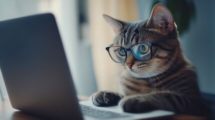 Tabby cat wearing glasses working on laptop indoors