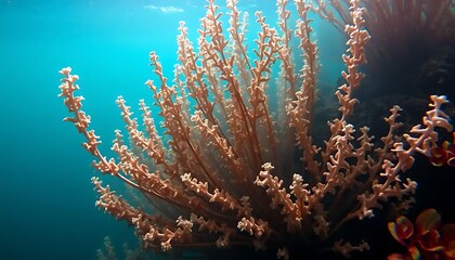 Coral reef formation exhibiting intricate branching under serene ocean surface