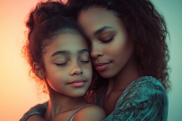 Obraz premium A loving mother hugs her daughter with peaceful expressions