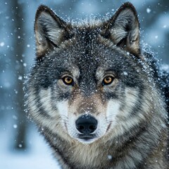 Obraz premium Wolf head portrait, close up, snow falling. Dramatic animal portrait, ideal for wildlife and nature themes.