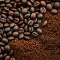Fototapeta premium Close-up of dark roasted coffee beans and finely ground coffee, beans, texture